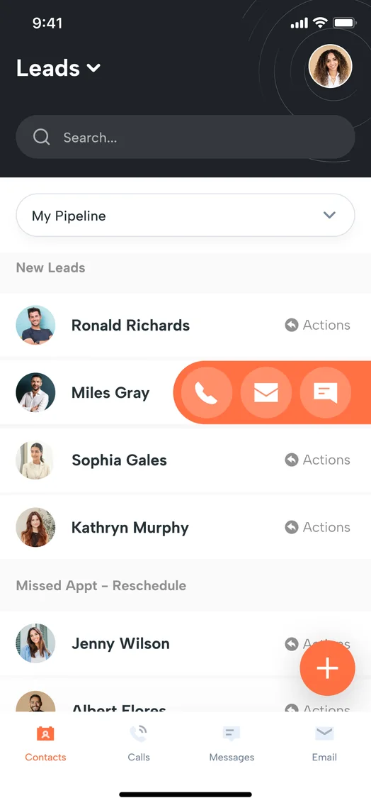 Shape mobile app showing the leads pipeline grouped by new leads and missed appointments, with quick actions to call, message or email a contact.